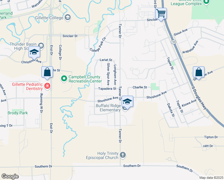map of restaurants, bars, coffee shops, grocery stores, and more near 206 Tapadera Street in Gillette
