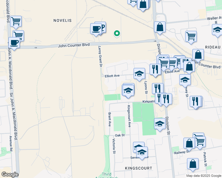 map of restaurants, bars, coffee shops, grocery stores, and more near 16 Douglas Avenue in Kingston