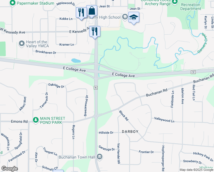 map of restaurants, bars, coffee shops, grocery stores, and more near N409 Maple Ridge Drive in Appleton