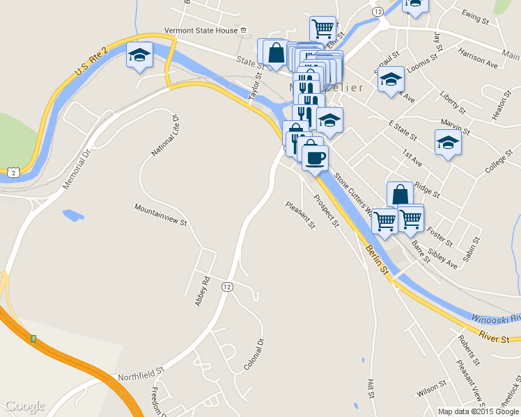 map of restaurants, bars, coffee shops, grocery stores, and more near 56 Northfield St in Montpelier