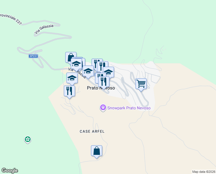 map of restaurants, bars, coffee shops, grocery stores, and more near 91 Via Galassia in Prato Nevoso