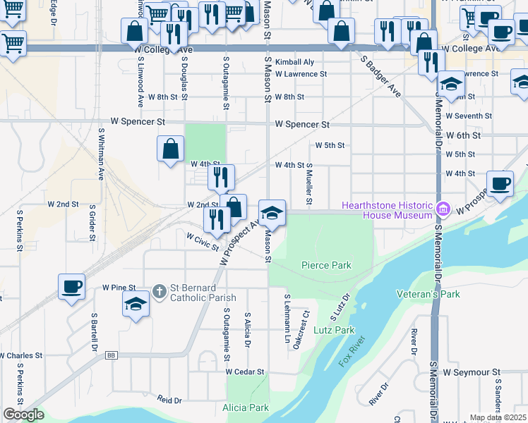 map of restaurants, bars, coffee shops, grocery stores, and more near 1312 West Prospect Avenue in Appleton