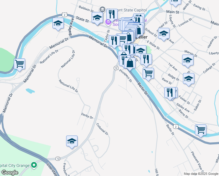 map of restaurants, bars, coffee shops, grocery stores, and more near 56 Northfield Street in Montpelier