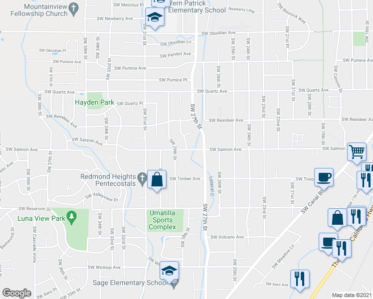 map of restaurants, bars, coffee shops, grocery stores, and more near SW Salmon Ave & SW 28th St in Redmond
