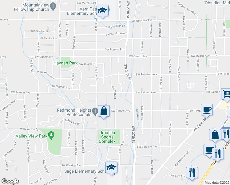 map of restaurants, bars, coffee shops, grocery stores, and more near 2298 Southwest 29th Street in Redmond