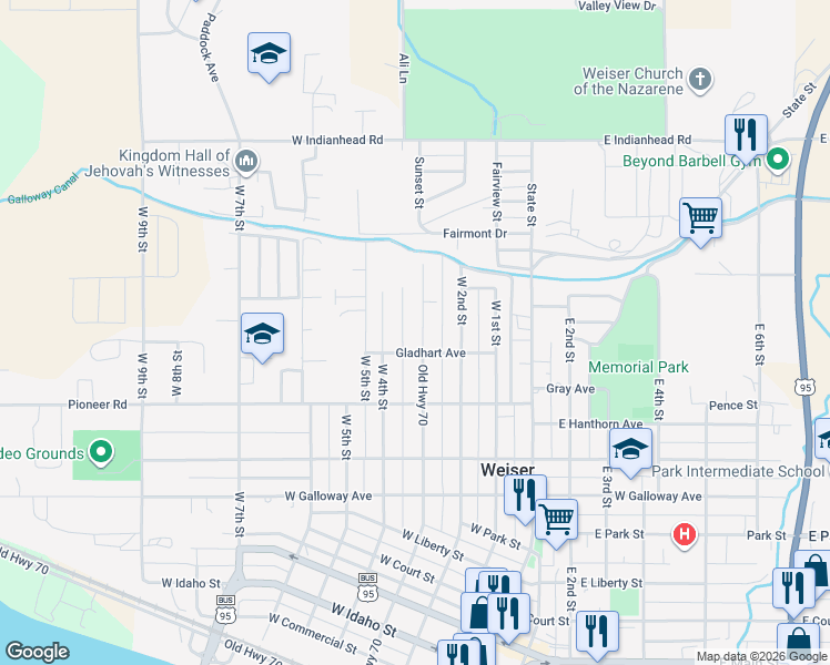 map of restaurants, bars, coffee shops, grocery stores, and more near 1303 West 3rd Street in Weiser