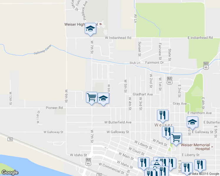 map of restaurants, bars, coffee shops, grocery stores, and more near 40 Maple Dr in Weiser