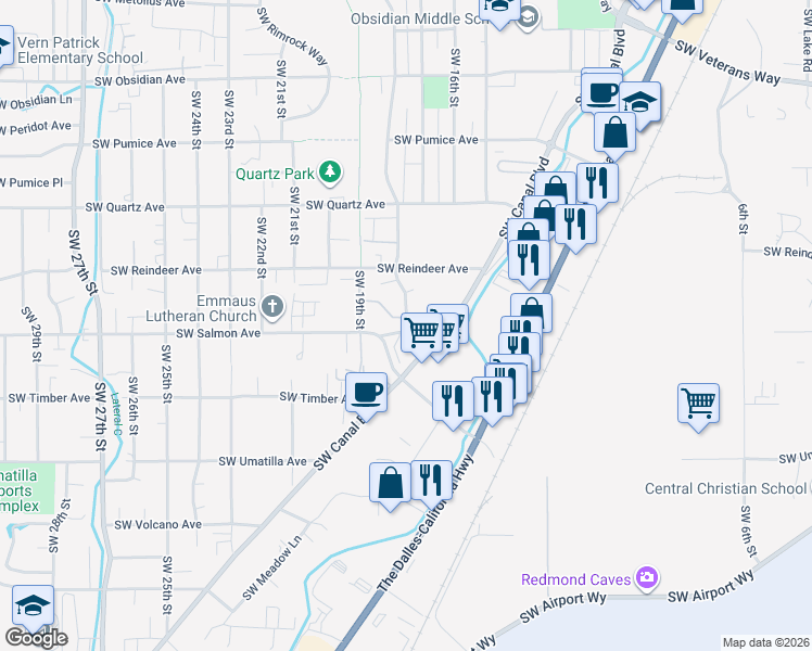 map of restaurants, bars, coffee shops, grocery stores, and more near 2248 Southwest Canyon Drive in Redmond