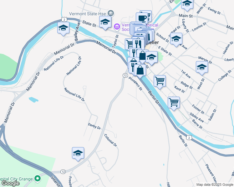 map of restaurants, bars, coffee shops, grocery stores, and more near 56 Northfield Street in Montpelier