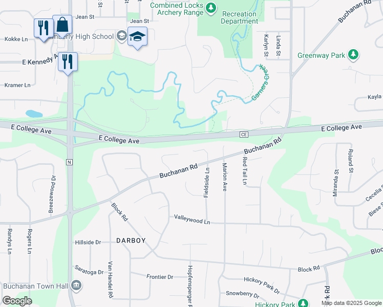 map of restaurants, bars, coffee shops, grocery stores, and more near W2512 Buchanan Road in Appleton