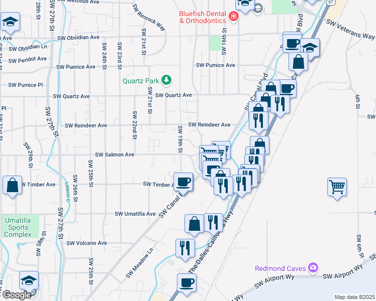 map of restaurants, bars, coffee shops, grocery stores, and more near 1815 Southwest Salmon Avenue in Redmond