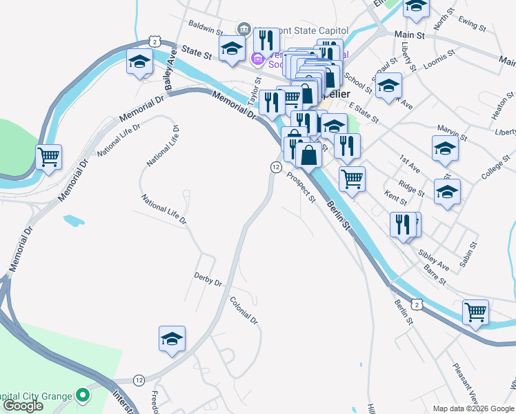 map of restaurants, bars, coffee shops, grocery stores, and more near 56 Northfield Street in Montpelier