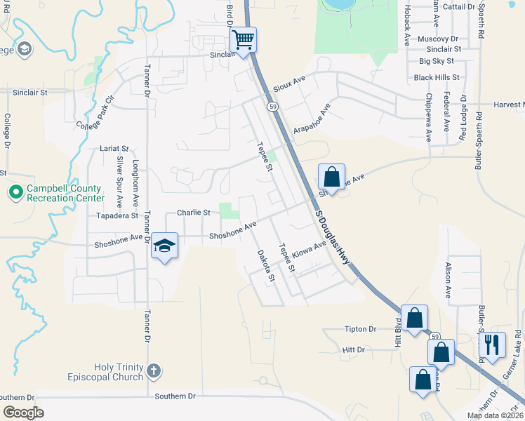 map of restaurants, bars, coffee shops, grocery stores, and more near 4211 Sky Hi Court in Gillette