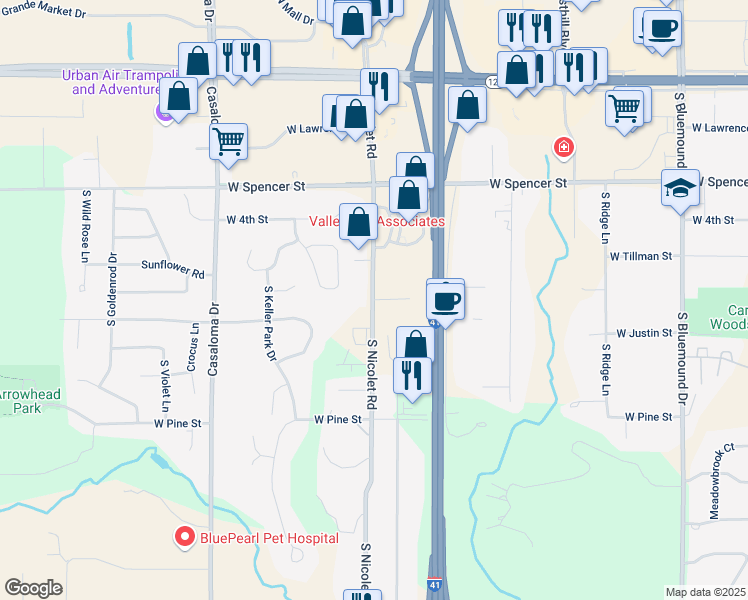 map of restaurants, bars, coffee shops, grocery stores, and more near 4141 Boardwalk Court in Appleton