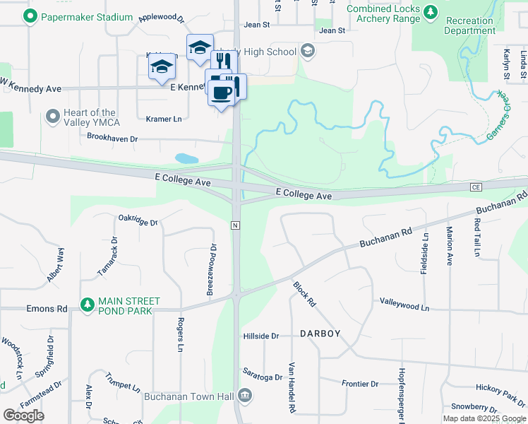 map of restaurants, bars, coffee shops, grocery stores, and more near N409 Maple Ridge Drive in Appleton