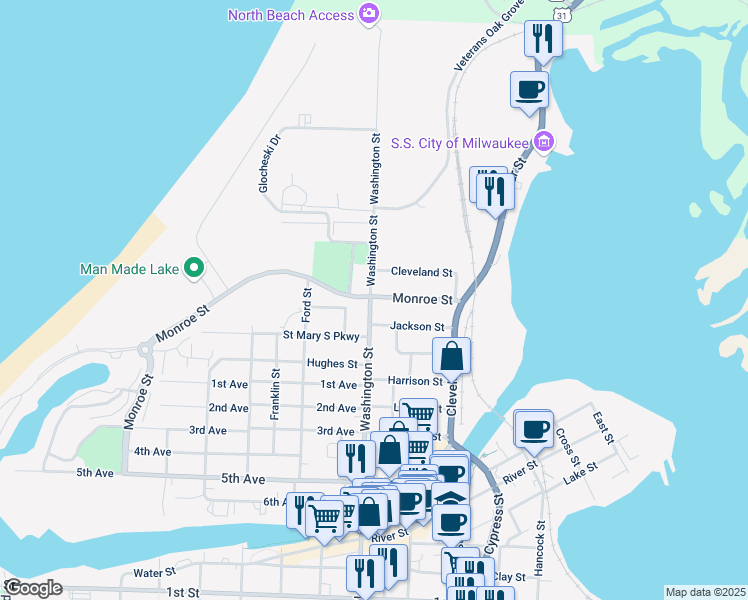 map of restaurants, bars, coffee shops, grocery stores, and more near 210 Washington Street in Manistee