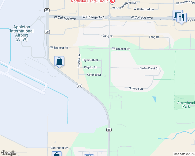 map of restaurants, bars, coffee shops, grocery stores, and more near W6133 Colonial Drive in Appleton