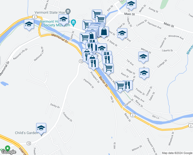 map of restaurants, bars, coffee shops, grocery stores, and more near 52 Prospect Street in Montpelier