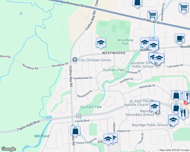 map of restaurants, bars, coffee shops, grocery stores, and more near 1220 Humberside Drive in Kingston