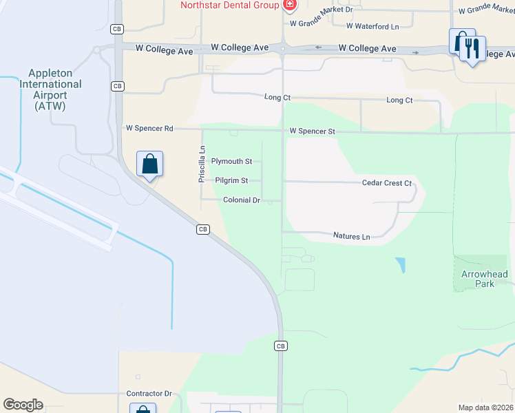 map of restaurants, bars, coffee shops, grocery stores, and more near W6133 Colonial Drive in Appleton