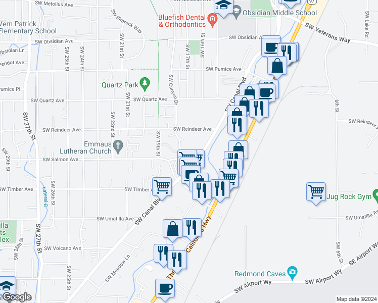 map of restaurants, bars, coffee shops, grocery stores, and more near 1635 Southwest Salmon Avenue in Redmond