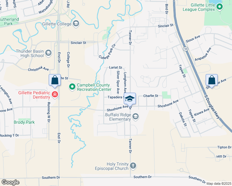 map of restaurants, bars, coffee shops, grocery stores, and more near 206 Tapadera Street in Gillette