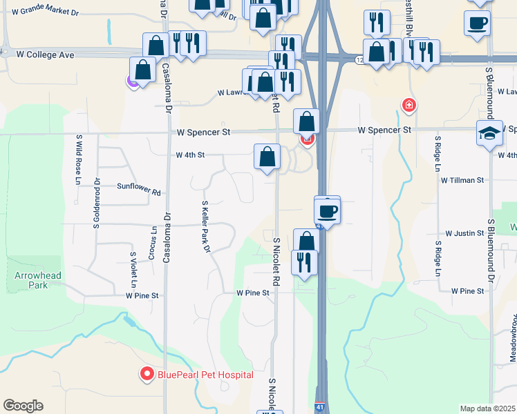 map of restaurants, bars, coffee shops, grocery stores, and more near 855 South Nicolet Road in Appleton