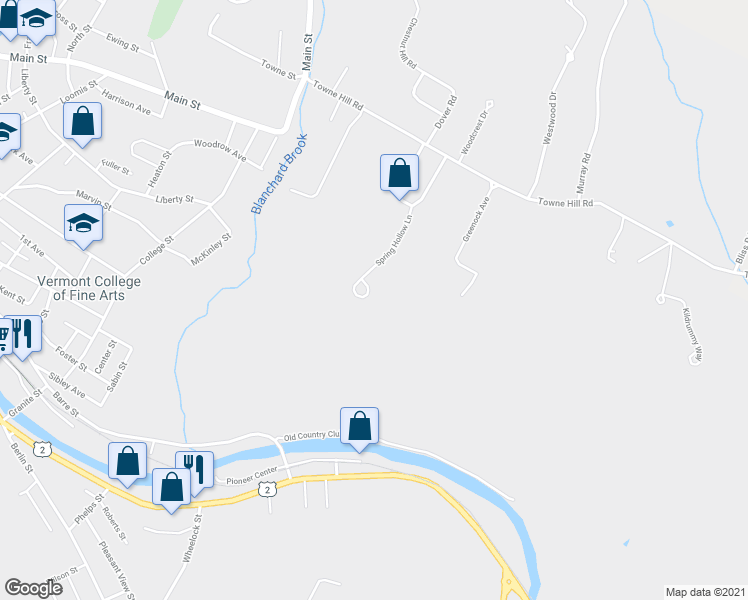 map of restaurants, bars, coffee shops, grocery stores, and more near 240 Spring Hollow Lane in Montpelier