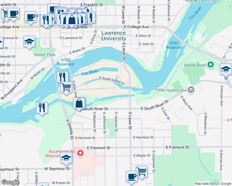 map of restaurants, bars, coffee shops, grocery stores, and more near 480 East Eagle Flats Parkway in Appleton
