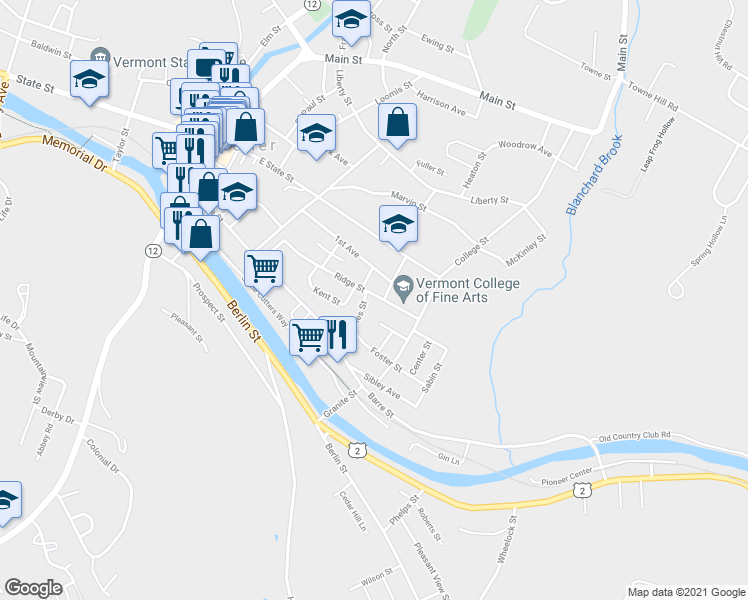 map of restaurants, bars, coffee shops, grocery stores, and more near 52 Ridge Street in Montpelier