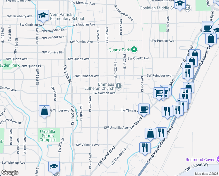 map of restaurants, bars, coffee shops, grocery stores, and more near 2140 Southwest 23rd Street in Redmond
