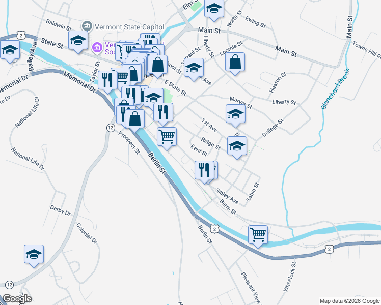 map of restaurants, bars, coffee shops, grocery stores, and more near 12 Ridge Street in Montpelier