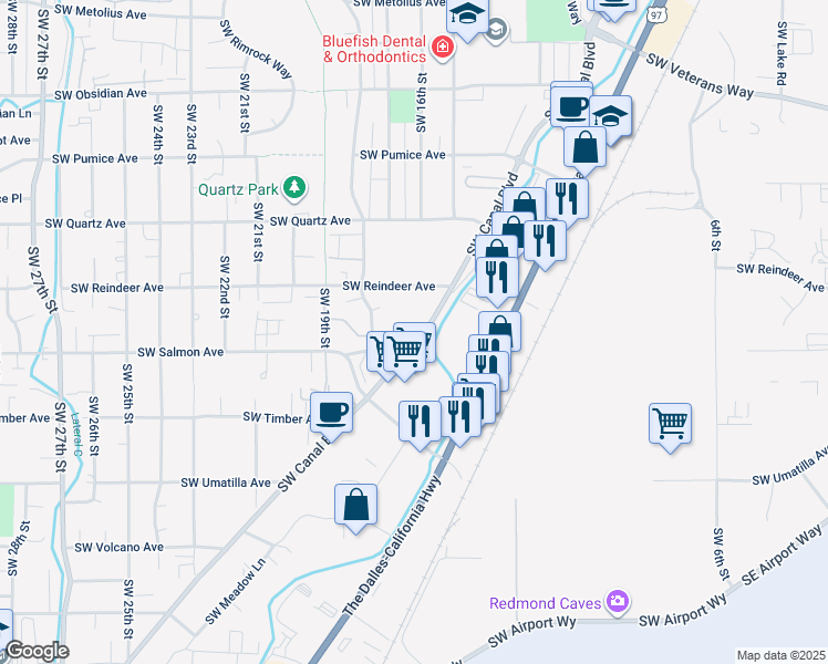 map of restaurants, bars, coffee shops, grocery stores, and more near 2165 Southwest Canal Boulevard in Redmond