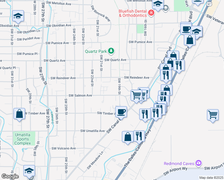 map of restaurants, bars, coffee shops, grocery stores, and more near 2151 Southwest 19th Street in Redmond
