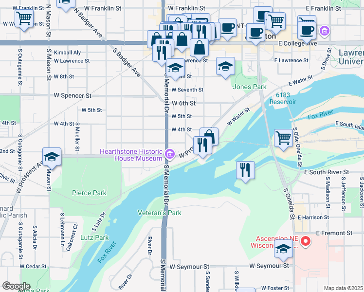 map of restaurants, bars, coffee shops, grocery stores, and more near 617 West 4th Street in Appleton