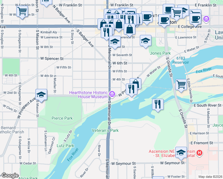 map of restaurants, bars, coffee shops, grocery stores, and more near 617 West 4th Street in Appleton