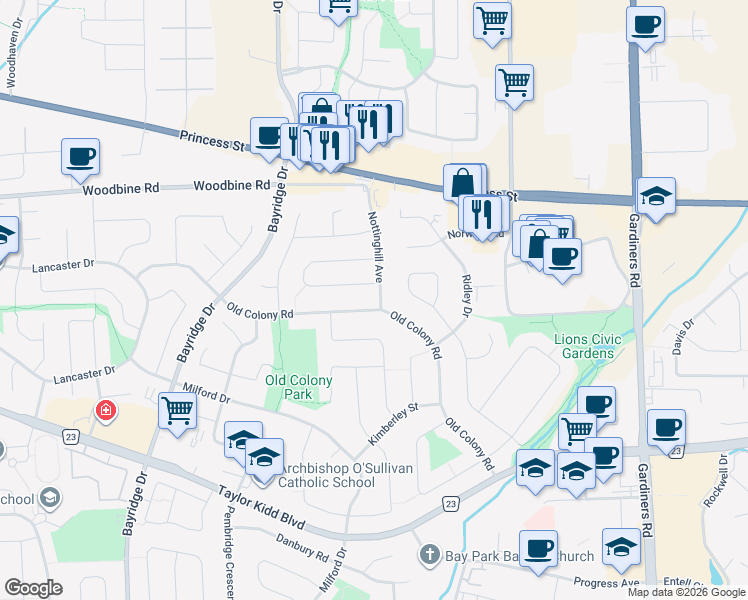map of restaurants, bars, coffee shops, grocery stores, and more near 895 Nottinghill Avenue in Kingston