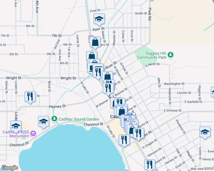 map of restaurants, bars, coffee shops, grocery stores, and more near 202 Crippen Street in Cadillac