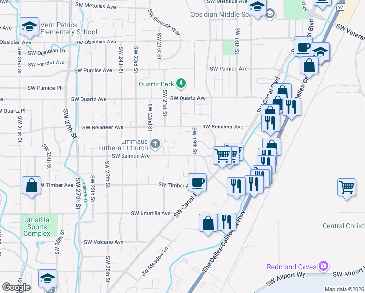 map of restaurants, bars, coffee shops, grocery stores, and more near 2151 Southwest 19th Street in Redmond
