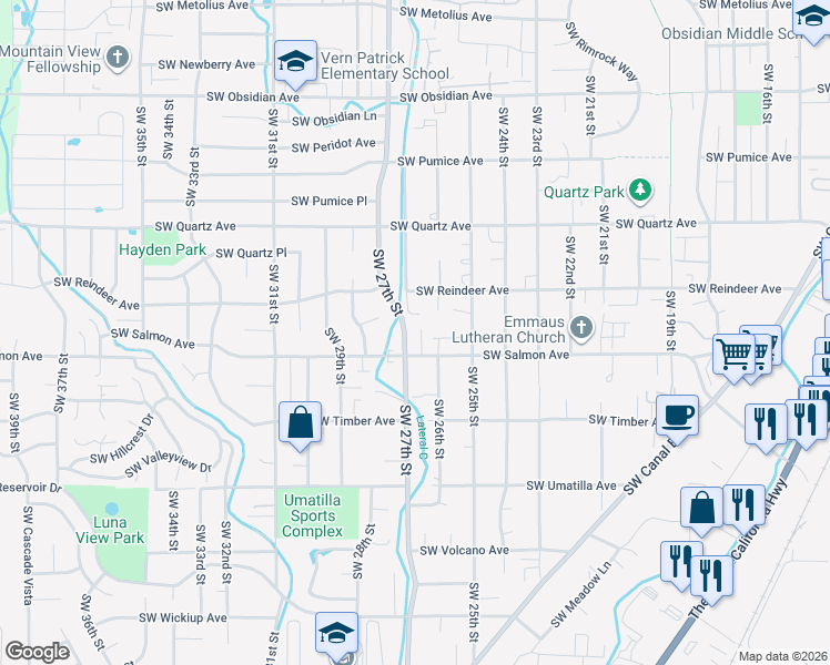 map of restaurants, bars, coffee shops, grocery stores, and more near 2602 Southwest Reindeer Avenue in Redmond