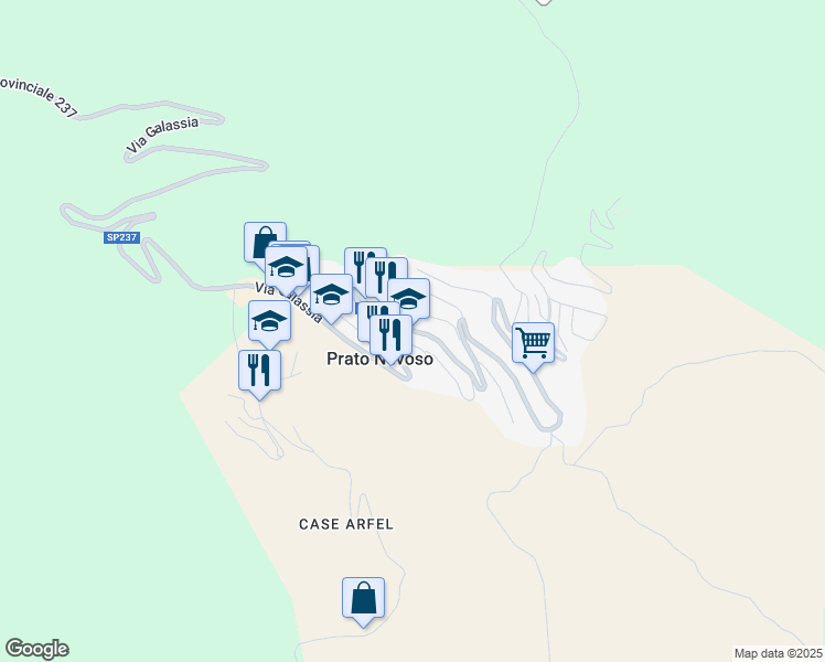 map of restaurants, bars, coffee shops, grocery stores, and more near 8 Via Galassia in Prato Nevoso
