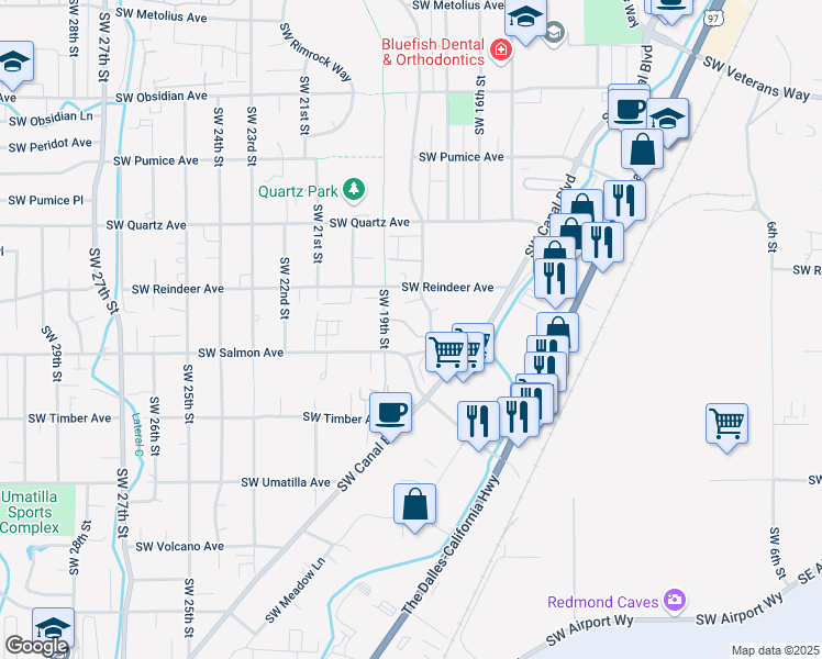 map of restaurants, bars, coffee shops, grocery stores, and more near 2141 Southwest Canyon Drive in Redmond