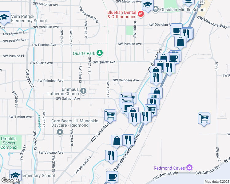 map of restaurants, bars, coffee shops, grocery stores, and more near 2141 Southwest Canyon Drive in Redmond