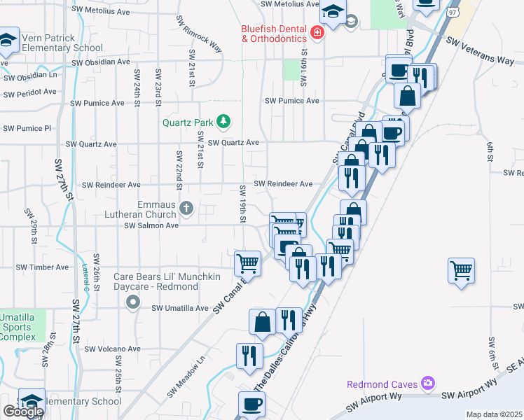 map of restaurants, bars, coffee shops, grocery stores, and more near 2210 Southwest 19th Street in Redmond