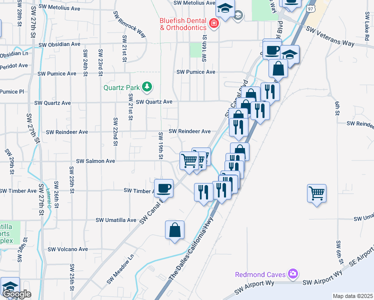 map of restaurants, bars, coffee shops, grocery stores, and more near 2160 Southwest Canyon Drive in Redmond