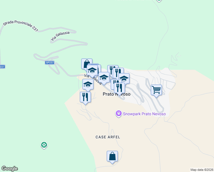 map of restaurants, bars, coffee shops, grocery stores, and more near 91 Via Galassia in Prato Nevoso