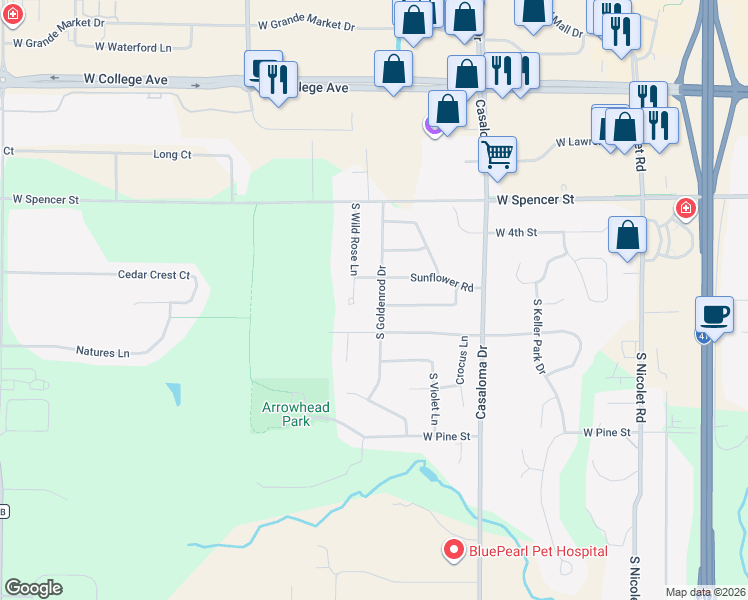 map of restaurants, bars, coffee shops, grocery stores, and more near 701 South Goldenrod Drive in Appleton