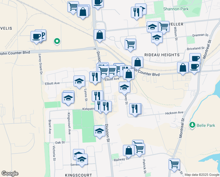 map of restaurants, bars, coffee shops, grocery stores, and more near 336 Elliott Avenue in Kingston