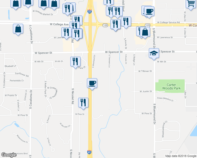 map of restaurants, bars, coffee shops, grocery stores, and more near 726 South Westland Drive in Appleton