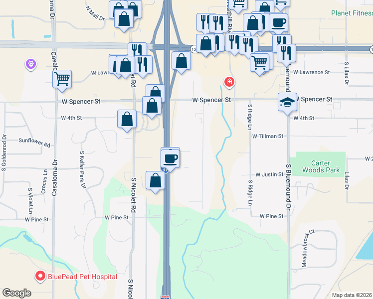map of restaurants, bars, coffee shops, grocery stores, and more near 677 South Timmers Lane in Appleton